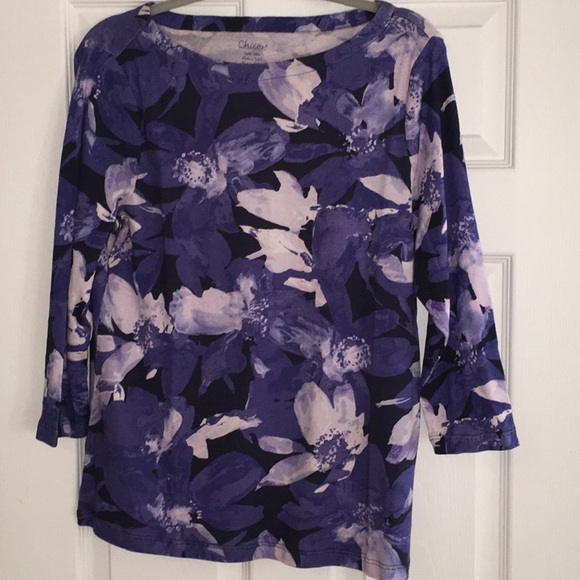 Chico’s Floral Expand Bateau Neck 3/4 Long Sleeve Tee - Picture 1 of 6